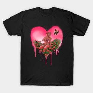 LOVE HEART with BUTTERFLY and ROSES - Graffiti Style (Pink) T-Shirt